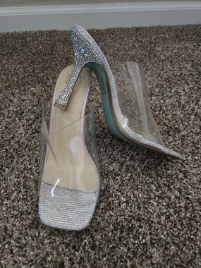 Betsy Johmson. Crystal Embellished Clear Slip-On High Heels - Iridescent